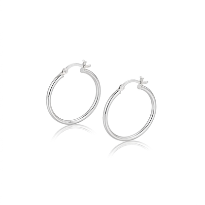 Sterling Silver Rhodium Plated Thin and Polished Hoop Motif Earrings (25mm)