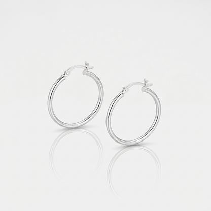 Sterling Silver Rhodium Plated Thin and Polished Hoop Motif Earrings (25mm)