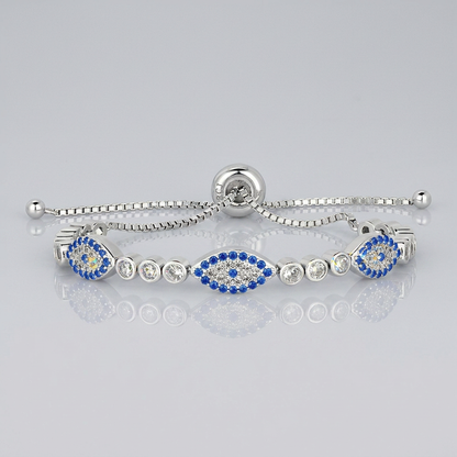 Sterling Silver Adjustable Enameled Evil Eye Bracelet with Cubic Zirconias