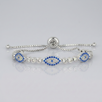 Sterling Silver Adjustable Enameled Evil Eye Bracelet with Cubic Zirconias