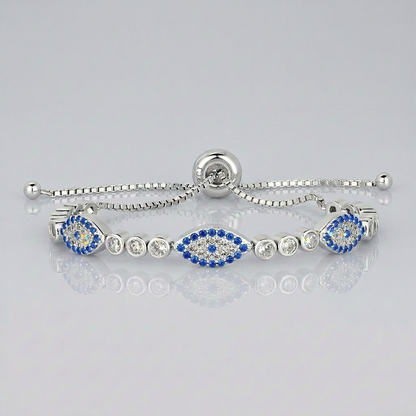 Sterling Silver Adjustable Enameled Evil Eye Bracelet with Cubic Zirconias