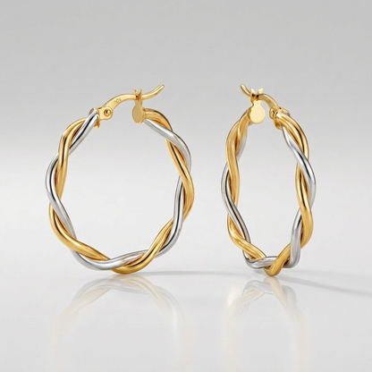 Two-Tone Twisted Wire Round Hoop Earrings in 10k Yellow and White Gold