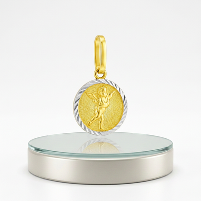 14k Two Tone Gold Small Round Textured Religious Medal Pendant