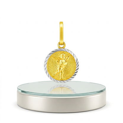 14k Two Tone Gold Small Round Textured Religious Medal Pendant