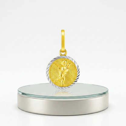 14k Two Tone Gold Small Round Textured Religious Medal Pendant