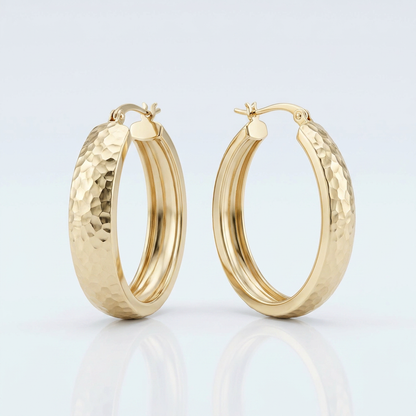 10k Yellow Gold Hammered Oval Hoop Earrings