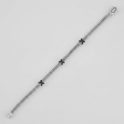Woven Rope Bracelet with Black Sapphire X Accents in Sterling Silver