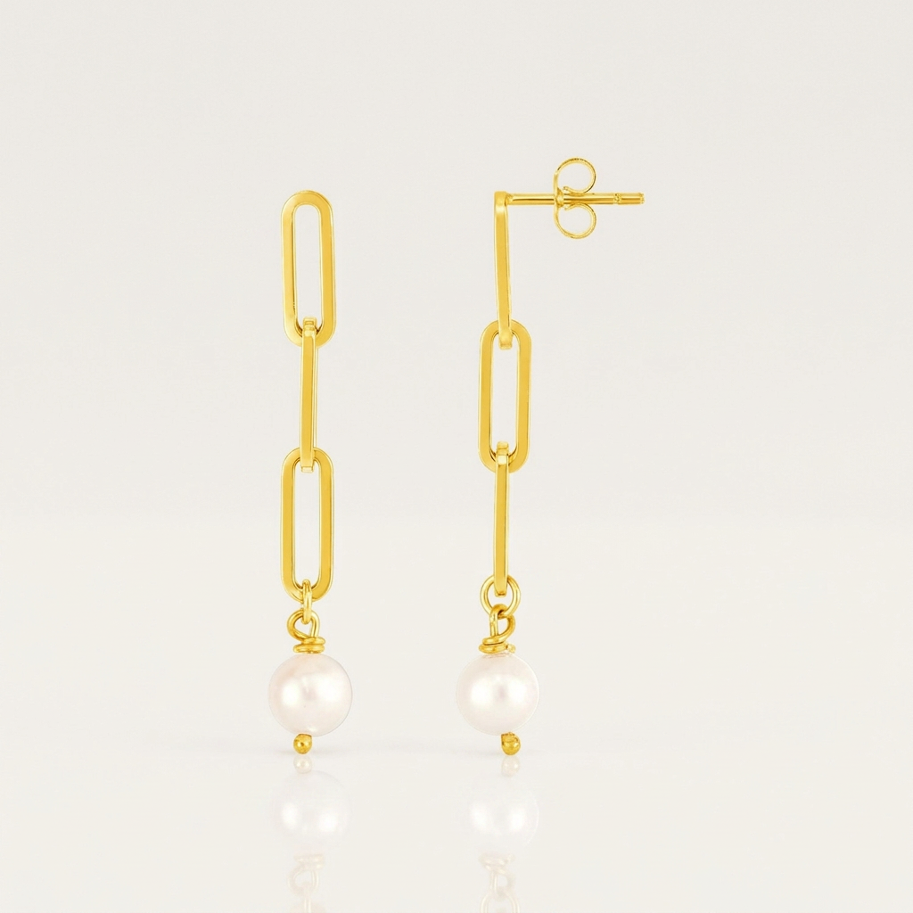 14k Yellow Gold Paperclip Chain Link Earrings with Pearls