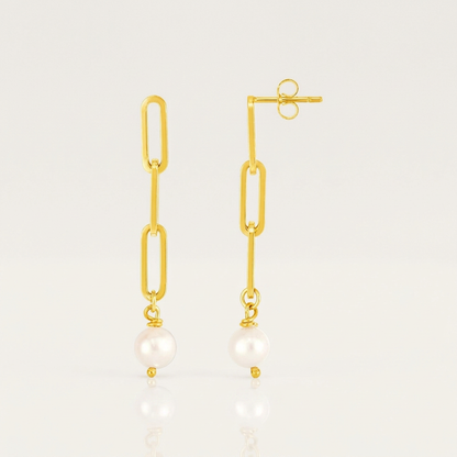 14k Yellow Gold Paperclip Chain Link Earrings with Pearls