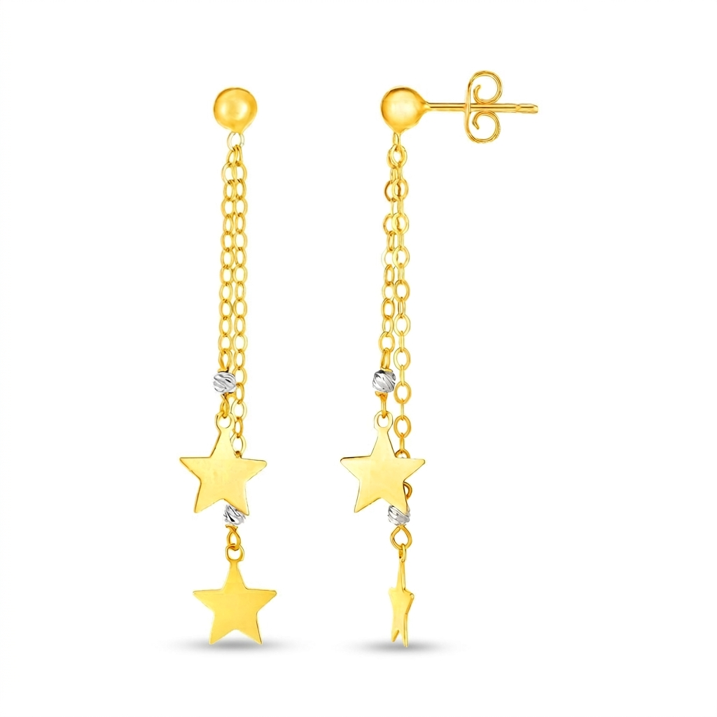 14k Two Tone Gold Drop Earrings with Polished Stars
