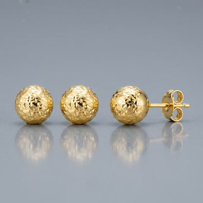 14k Yellow Gold Ball Earrings with Crystal Cut Texture