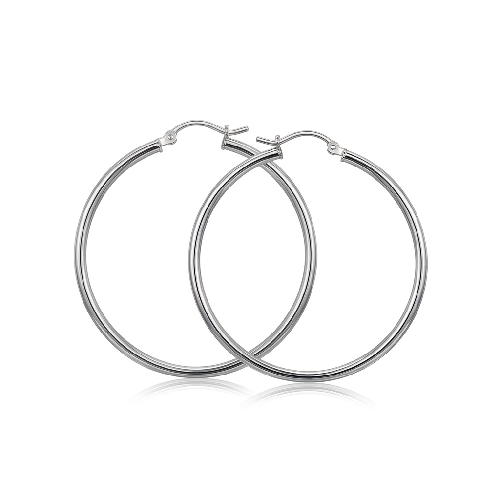 Sterling Silver Rhodium Plated Thin Large Polished Hoop Earrings (40mm)