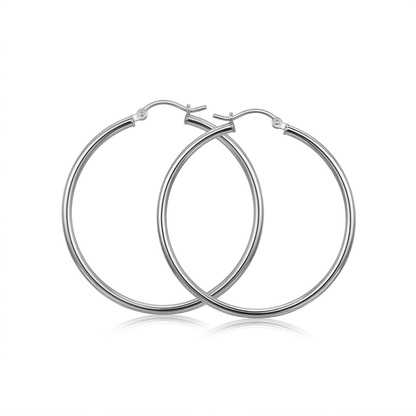 Sterling Silver Rhodium Plated Thin Large Polished Hoop Earrings (40mm)