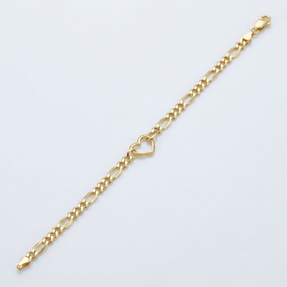 14k Yellow Gold 7 inch Figaro Chain Bracelet with Heart