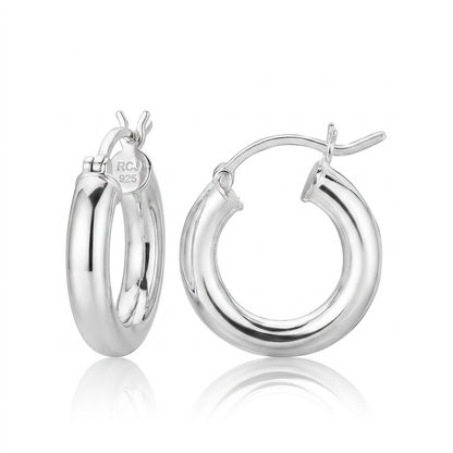 Sterling Silver Thick Polished Hoop Earrings with Rhodium Plating (15mm)
