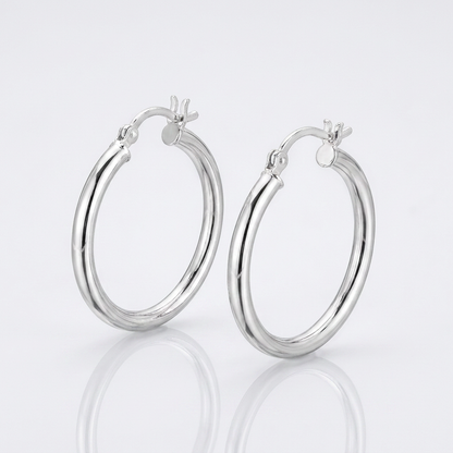 Sterling Silver Rhodium Plated Polished Look Hoop Earrings (25mm)