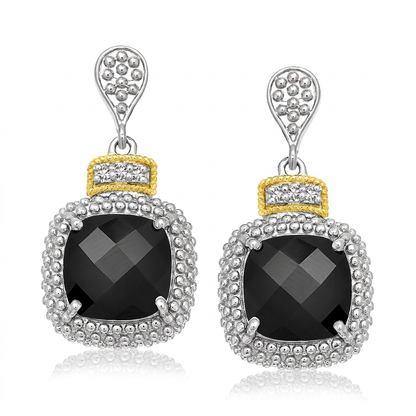 18k Yellow Gold & Sterling Silver Black Onyx & Diamond Earrings (.05cttw)