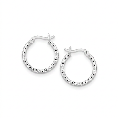 Sterling Silver Faceted Design Hoop Earrings with Rhodium Plating