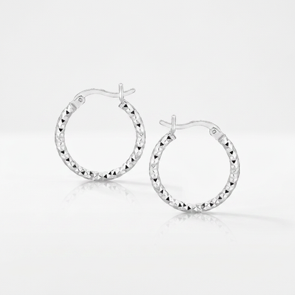 Sterling Silver Faceted Design Hoop Earrings with Rhodium Plating