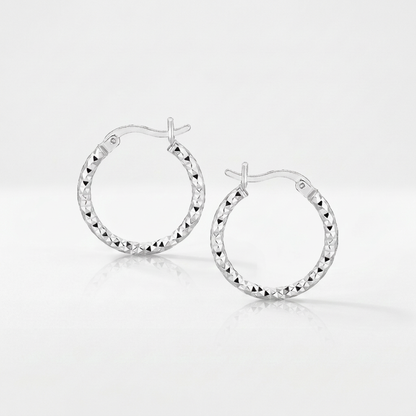 Sterling Silver Faceted Design Hoop Earrings with Rhodium Plating