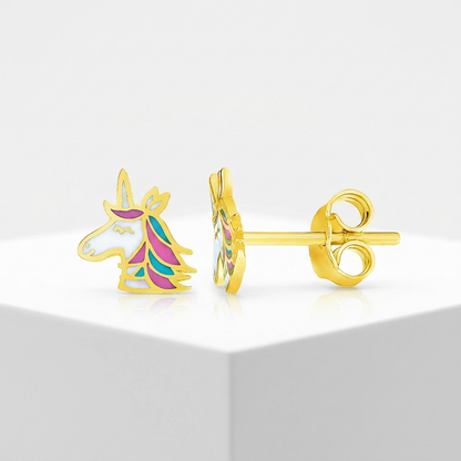 14k Yellow Gold Enameled Unicorn Childrens Earrings