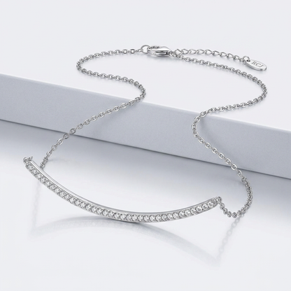 Sterling Silver Curved Bar Necklace with Cubic Zirconias
