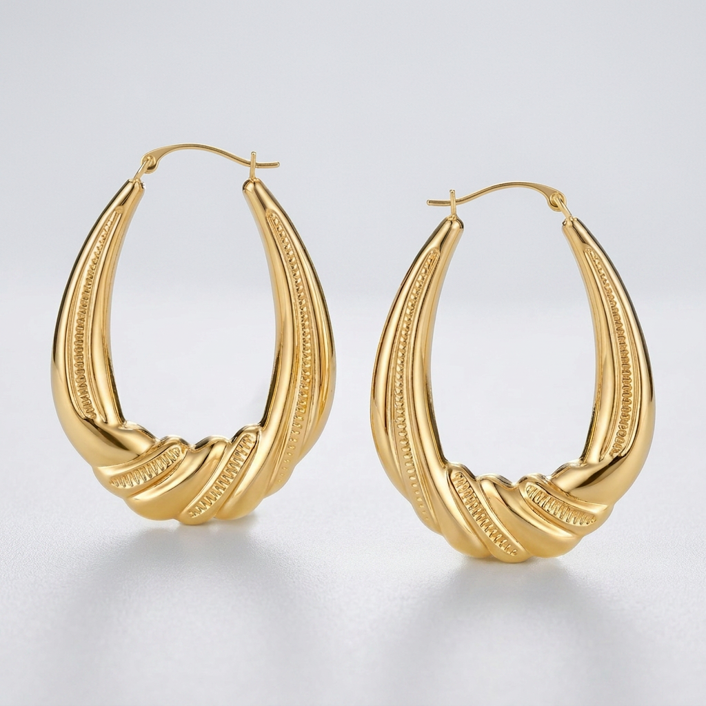 14k Yellow Gold Graduated Textured Oval Hoop Earrings