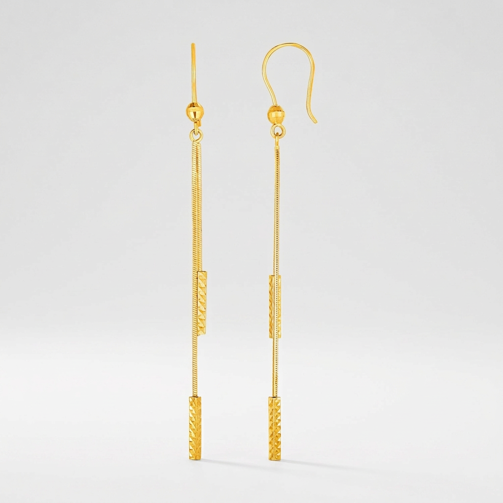 Textured Bar Long Drop Earrings in 14k Yellow Gold