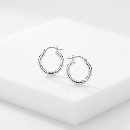 Sterling Silver Polished Hoop Style Earrings with Rhodium Plating (15mm)