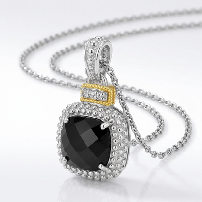 18k Yellow Gold & Sterling Silver Popcorn Cushion Black Onyx and Diamond Pendant