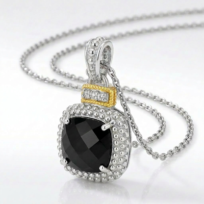 18k Yellow Gold & Sterling Silver Popcorn Cushion Black Onyx and Diamond Pendant
