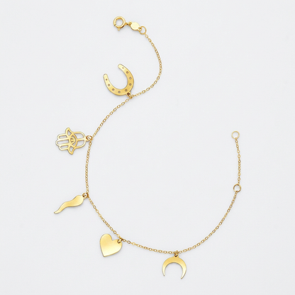 14k Yellow Gold 7 inch Bracelet with Polished Charms