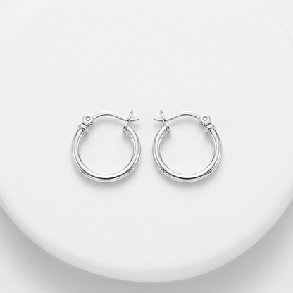 Sterling Silver Rhodium Plated Thin and Small Polished Hoop Earrings (10mm)
