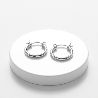 Sterling Silver Rhodium Plated Thin and Small Polished Hoop Earrings (10mm)