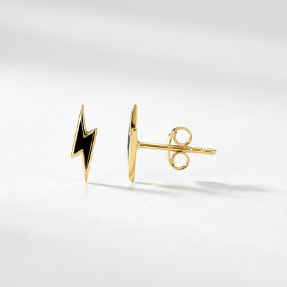 14k Yellow Gold and Enamel Black Lightning Bolt Stud Earrings