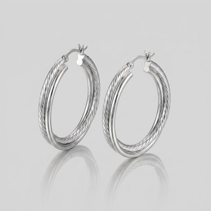 Sterling Silver Ridged Hoop Earrings with Textured Design