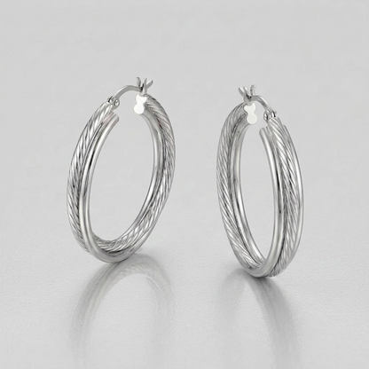 Sterling Silver Ridged Hoop Earrings with Textured Design