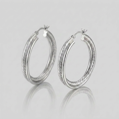Sterling Silver Ridged Hoop Earrings with Textured Design