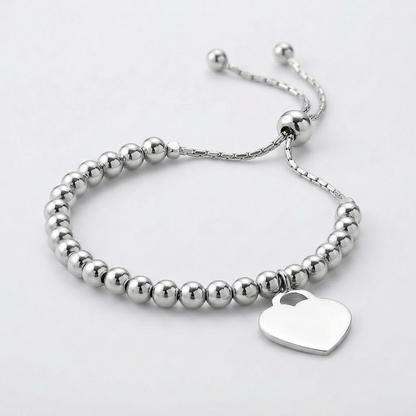 Adjustable Shiny Bead Bracelet with Heart Charm in Sterling Silver