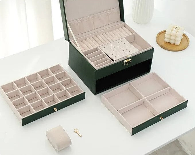 3 Layer Leather Jewelry Box Organizer Case with Compartments 23x17cm