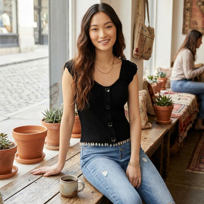 INC International Concepts Women's Cap-Sleeve Sweater Top Deep Black, Size Small