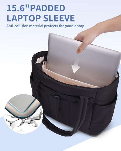 Quilted Puffer Tote Bag with Laptop Sleeve & Cup Holder 20L Travel Work