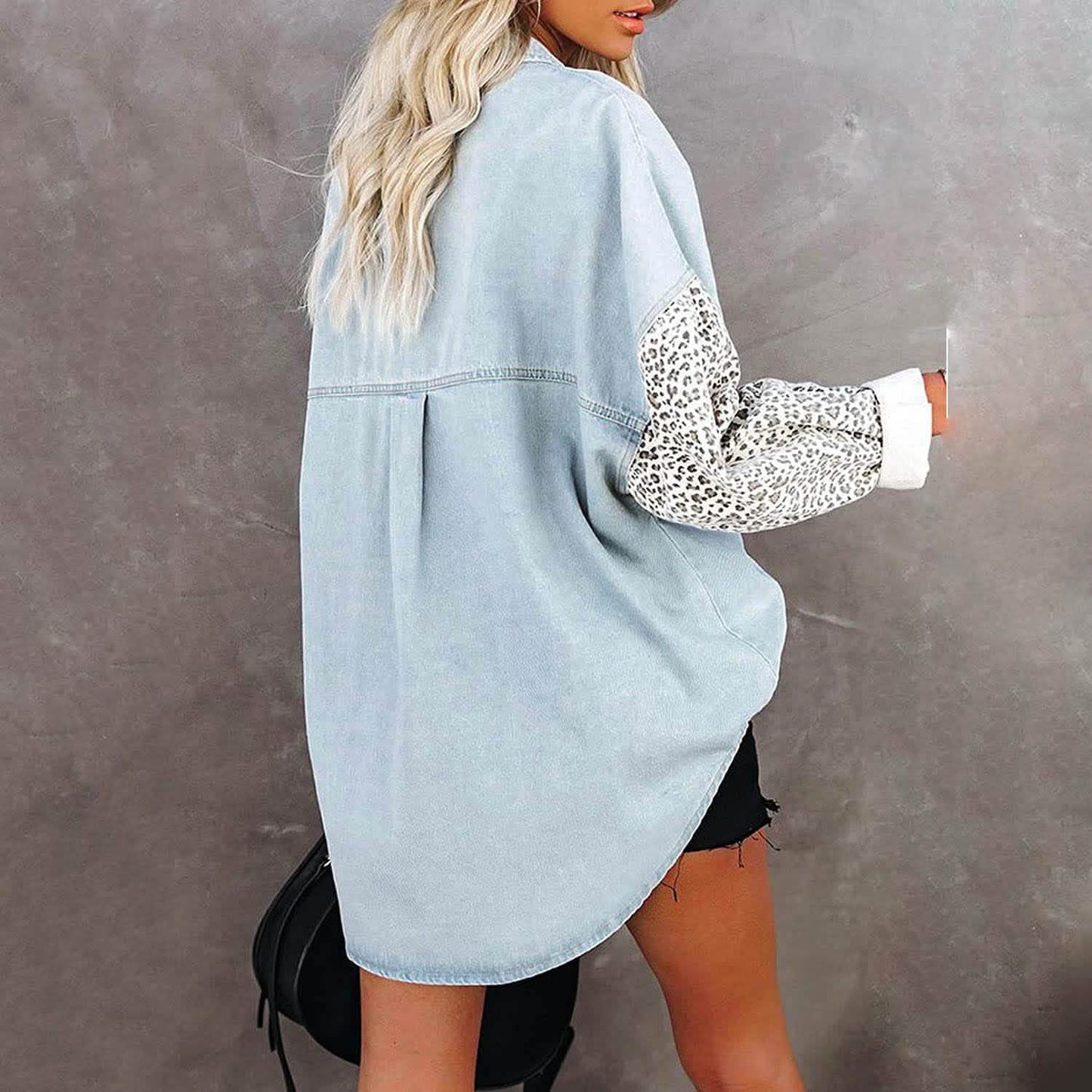 Womens Contrast Leopard Denim Jacket Long Sleeve Button Down Shirts